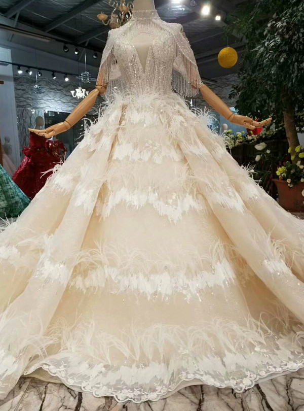 Shop 2019 Long & Short Champagne Ball Gown Tulle Deep V-neck Backless Wedding Dress With Feather With Factory Price From Kemedress
