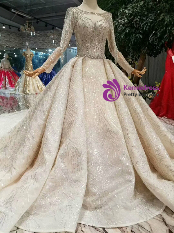 Shop 2019 Long & Short Champagne Ball Gown Tulle Sequins Bateau Long Sleeve Backless Wedding Dress With Factory Price From Kemedress