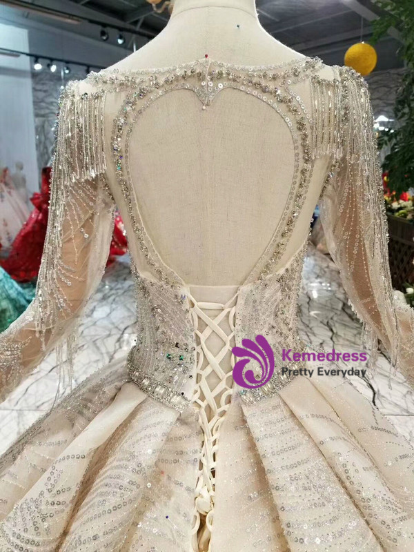 Shop 2019 Long & Short Champagne Ball Gown Tulle Sequins Bateau Long Sleeve Backless Wedding Dress With Factory Price From Kemedress