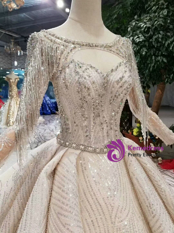 Shop 2019 Long & Short Champagne Ball Gown Tulle Sequins Bateau Long Sleeve Backless Wedding Dress With Factory Price From Kemedress