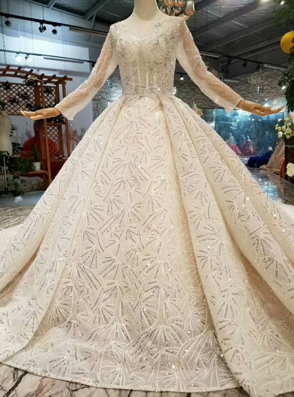 Shop 2019 Long & Short Champagne Ball Gown Tulle Sequins Bateau Long Sleeve Wedding Dress With Beading With Factory Price From Kemedress