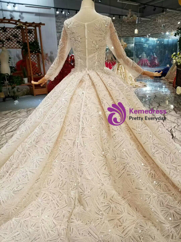 Shop 2019 Long & Short Champagne Ball Gown Tulle Sequins Bateau Long Sleeve Wedding Dress With Beading With Factory Price From Kemedress