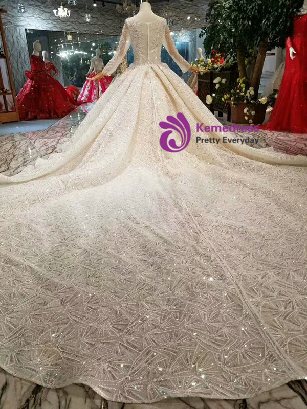 Shop 2019 Long & Short Champagne Ball Gown Tulle Sequins Bateau Long Sleeve Wedding Dress With Beading With Factory Price From Kemedress