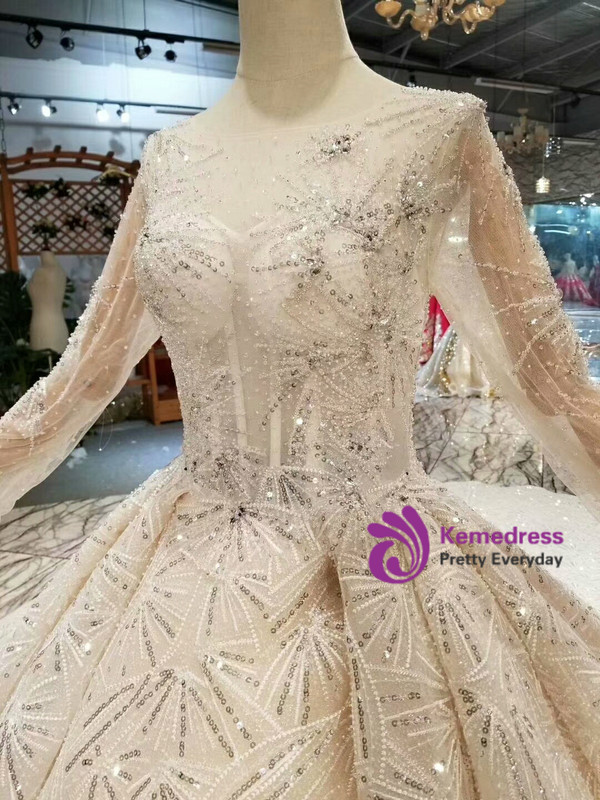 Shop 2019 Long & Short Champagne Ball Gown Tulle Sequins Bateau Long Sleeve Wedding Dress With Beading With Factory Price From Kemedress