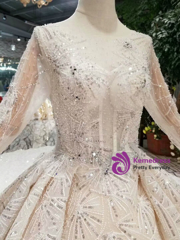Shop 2019 Long & Short Champagne Ball Gown Tulle Sequins Bateau Long Sleeve Wedding Dress With Beading With Factory Price From Kemedress