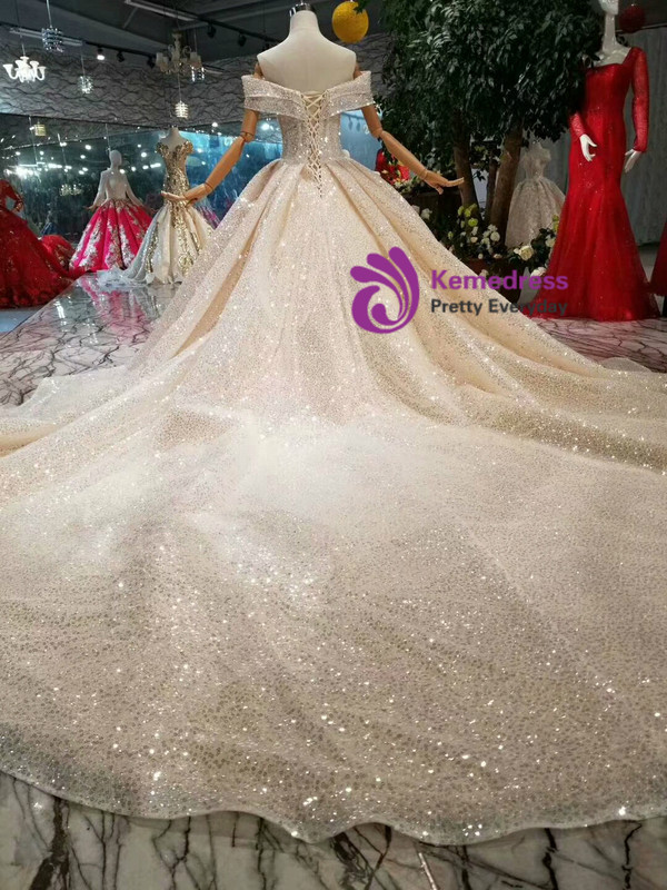 Shop 2019 Long & Short Champagne Ball Gown Tulle Sequins Off The Shoulder Backless Wedding Dress With Train With Factory Price From Kemedress
