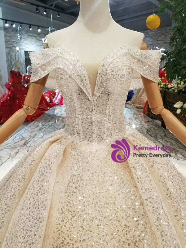Shop 2019 Long & Short Champagne Ball Gown Tulle Sequins Off The Shoulder Backless Wedding Dress With Train With Factory Price From Kemedress