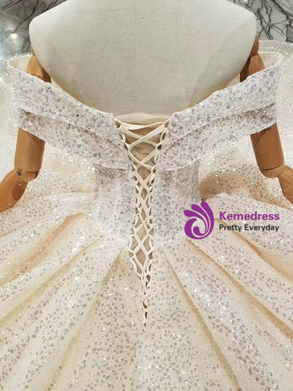 Shop 2019 Long & Short Champagne Ball Gown Tulle Sequins Off The Shoulder Backless Wedding Dress With Train With Factory Price From Kemedress