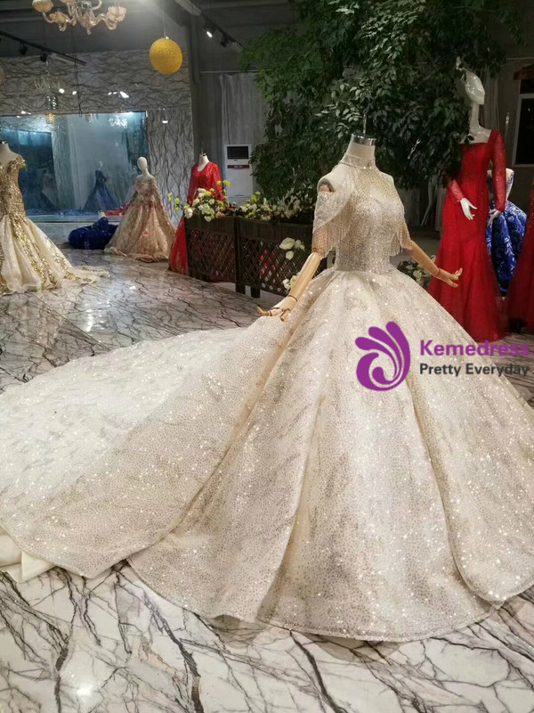 Shop 2019 Long & Short Champagne Ball Gown Tulle Sequins Off The Shoulder Wedding Dress With Long Train With Factory Price From Kemedress