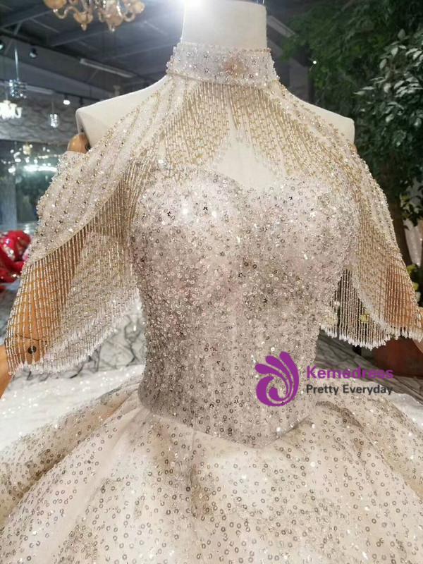 Shop 2019 Long & Short Champagne Ball Gown Tulle Sequins Off The Shoulder Wedding Dress With Long Train With Factory Price From Kemedress