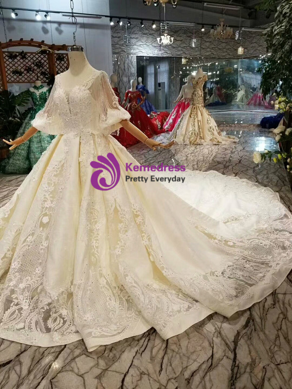 Shop 2019 Long & Short Champagne Ball Gown Satin Lace Appliques Puff Sleeve Backless Wedding Dress With Factory Price From Kemedress