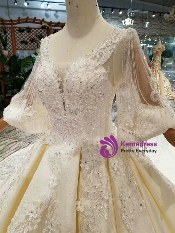 Shop 2019 Long & Short Champagne Ball Gown Satin Lace Appliques Puff Sleeve Backless Wedding Dress With Factory Price From Kemedress