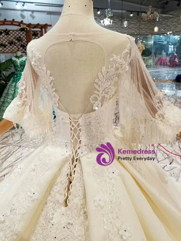 Shop 2019 Long & Short Champagne Ball Gown Satin Lace Appliques Puff Sleeve Backless Wedding Dress With Factory Price From Kemedress