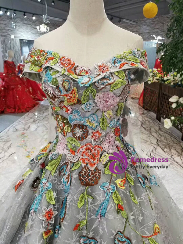 Shop 2019 Long & Short Gray Ball Gown Tulle Embroidery Appliques Wedding Dress With Removable Train With Factory Price From Kemedress