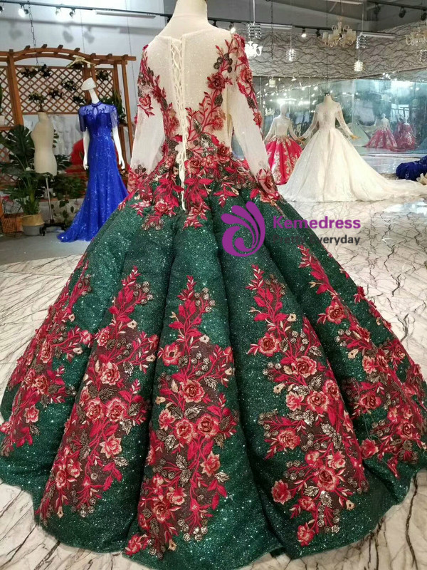 Shop 2019 Long & Short Green Ball Gown Sequins Red Appliques V-neck Long Sleeve Wedding Dress With Factory Price From Kemedress