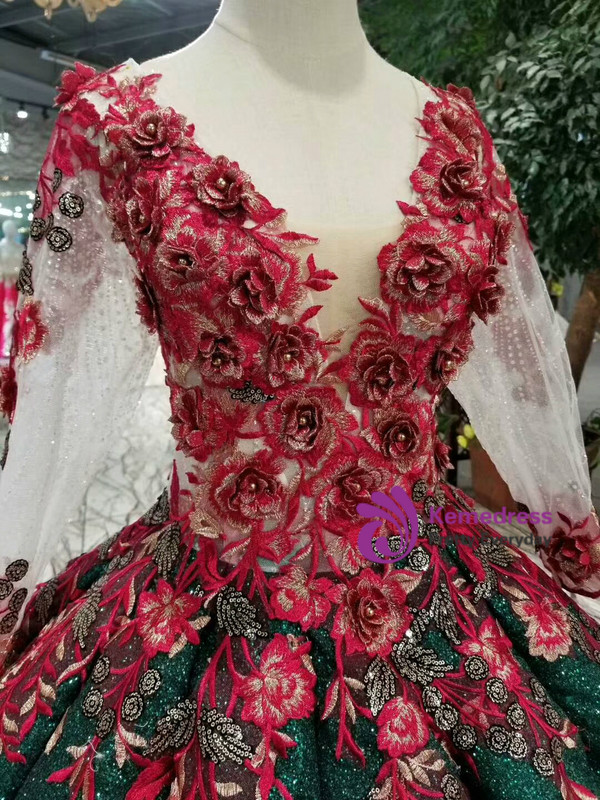 Shop 2019 Long & Short Green Ball Gown Sequins Red Appliques V-neck Long Sleeve Wedding Dress With Factory Price From Kemedress