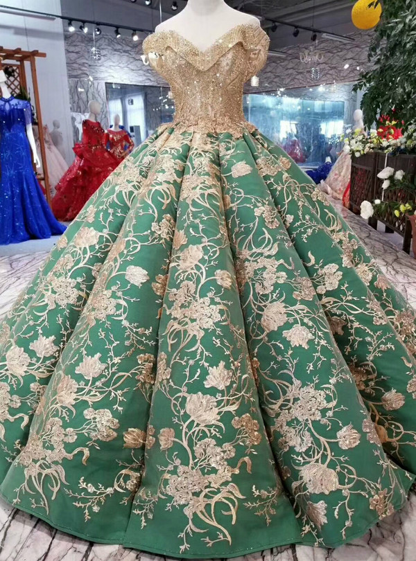 Shop 2019 Long & Short Green Ball Gown Off The Shoulder Champagne Appliques Wedding Dress With Factory Price From Kemedress
