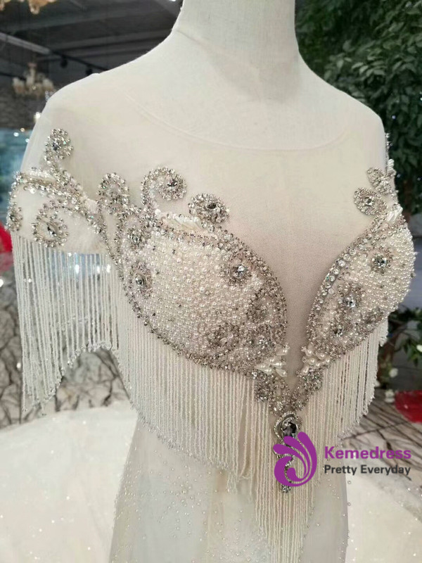 Shop 2019 Long & Short Champagne Tulle Mermaid Cap Sleeve Backless Beading Wedding Dress With Pearls With Factory Price From Kemedress