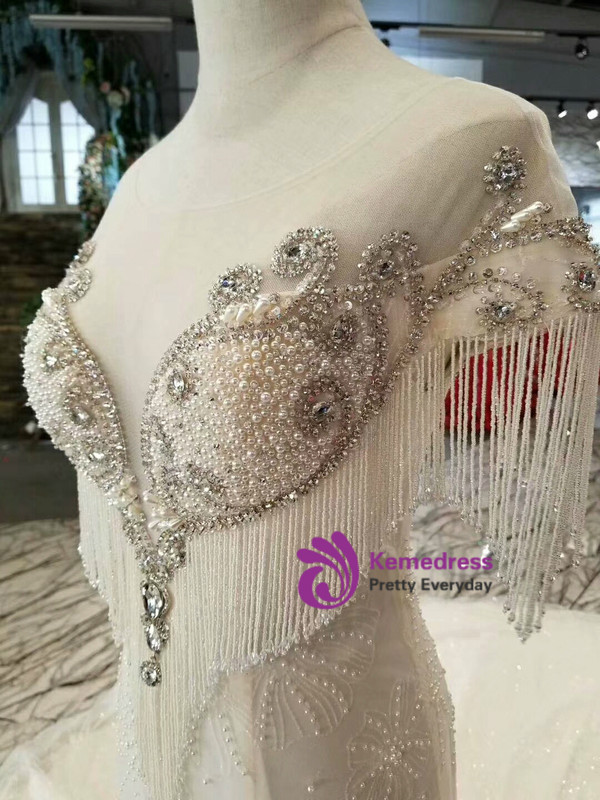 Shop 2019 Long & Short Champagne Tulle Mermaid Cap Sleeve Backless Beading Wedding Dress With Pearls With Factory Price From Kemedress