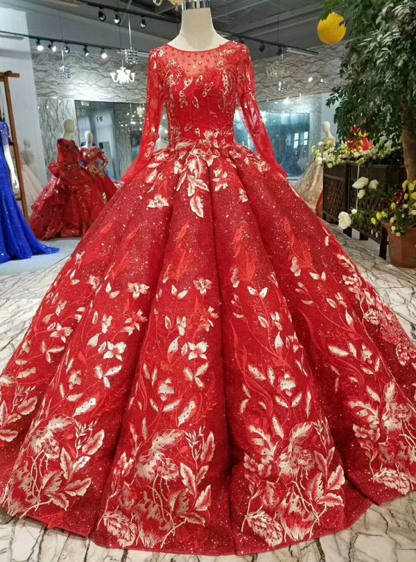 Shop 2019 Long & Short Red Ball Gown Sequins Appliques Long Sleeve Beading Wedding Dress With Factory Price From Kemedress