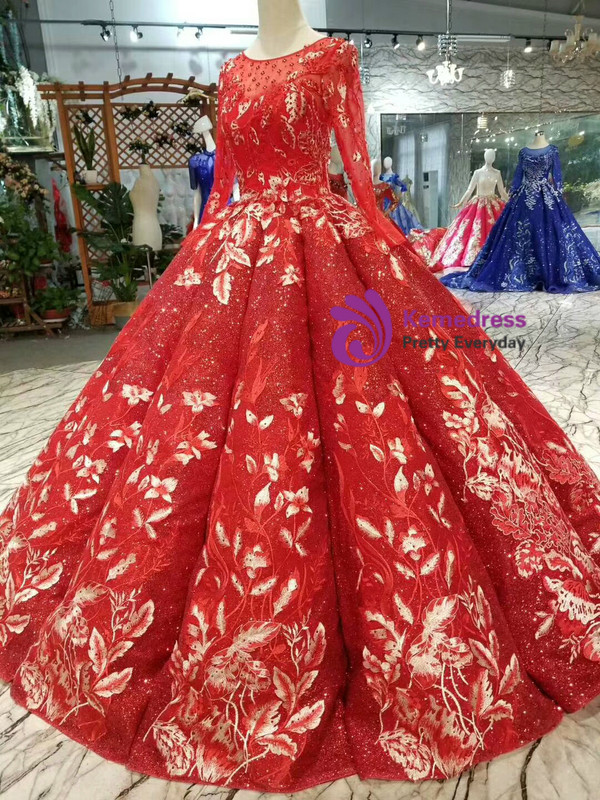 Shop 2019 Long & Short Red Ball Gown Sequins Appliques Long Sleeve Beading Wedding Dress With Factory Price From Kemedress