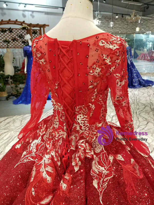 Shop 2019 Long & Short Red Ball Gown Sequins Appliques Long Sleeve Beading Wedding Dress With Factory Price From Kemedress