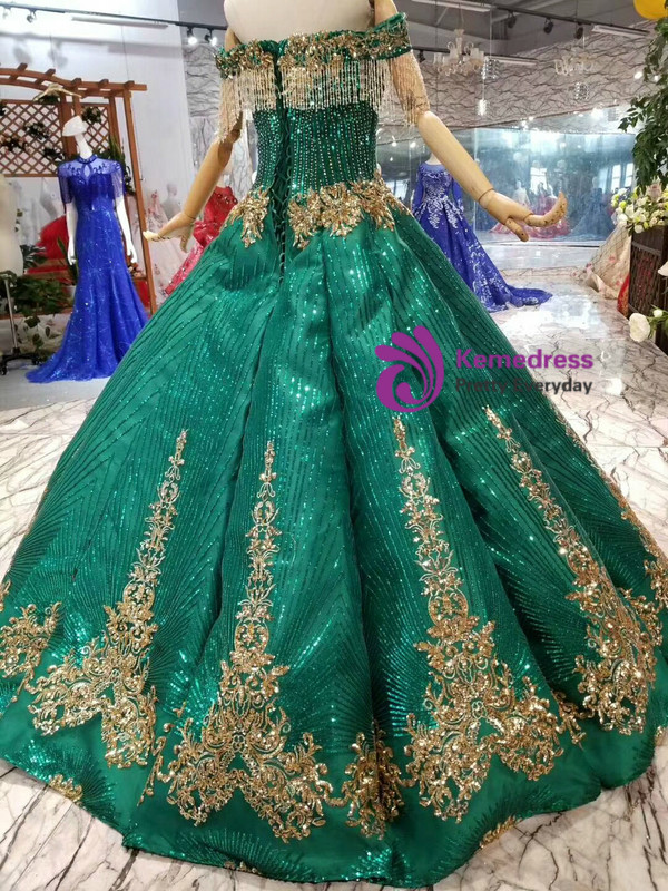 Shop 2019 Long & Short Green Ball Gown Sequins Gold Sequins Appliques Off the Shoulder Wedding Dress With Beading  With Factory Price From Kemedress