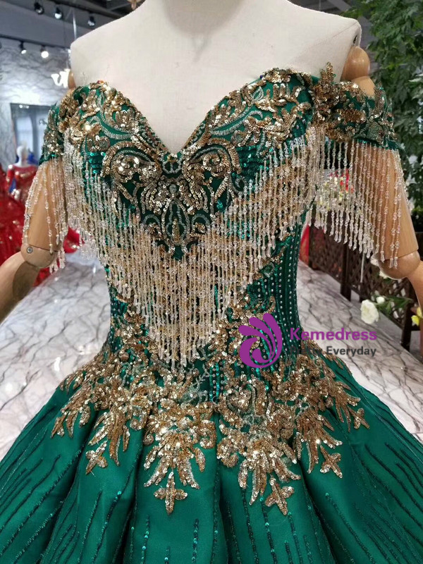 Shop 2019 Long & Short Green Ball Gown Sequins Gold Sequins Appliques Off the Shoulder Wedding Dress With Beading  With Factory Price From Kemedress