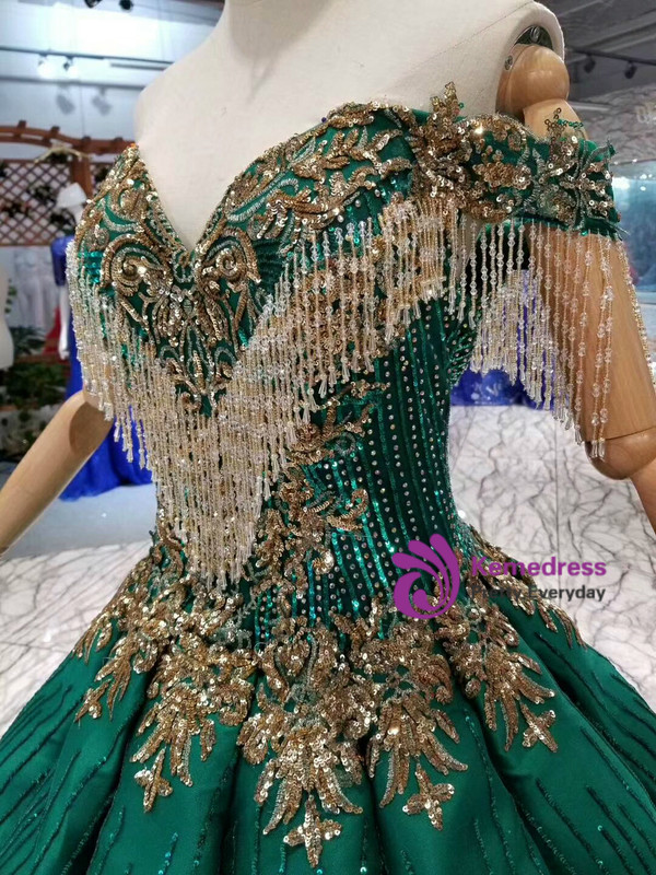 Shop 2019 Long & Short Green Ball Gown Sequins Gold Sequins Appliques Off the Shoulder Wedding Dress With Beading  With Factory Price From Kemedress