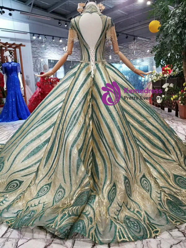 Shop 2019 Long & Short Green And Gold Sequins Ball Gown High Neck Cap Sleeve Backless Wedding Dress With Beading With Factory Price From Kemedress