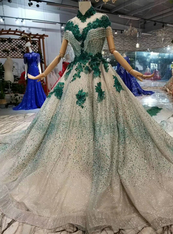 Shop 2019 Long & Short Champagne And Green Ball Gown Tulle Sequins High Neck Cap Sleeve Wedding Dress With Removable Train With Factory Price From Kemedress