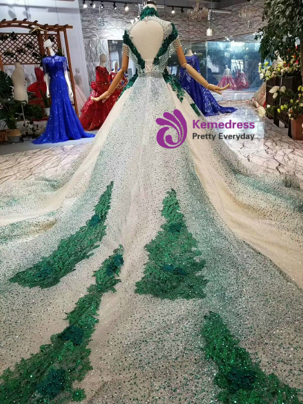 Shop 2019 Long & Short Champagne And Green Ball Gown Tulle Sequins High Neck Cap Sleeve Wedding Dress With Removable Train With Factory Price From Kemedress