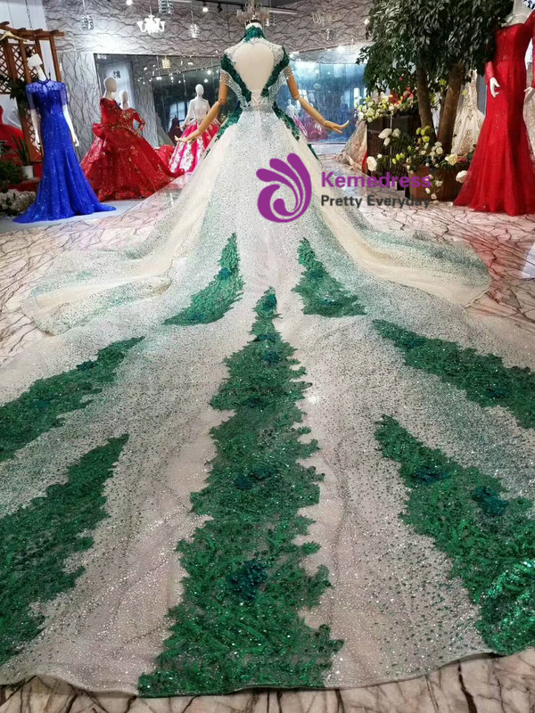 Shop 2019 Long & Short Champagne And Green Ball Gown Tulle Sequins High Neck Cap Sleeve Wedding Dress With Removable Train With Factory Price From Kemedress