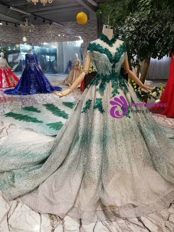 Shop 2019 Long & Short Champagne And Green Ball Gown Tulle Sequins High Neck Cap Sleeve Wedding Dress With Removable Train With Factory Price From Kemedress