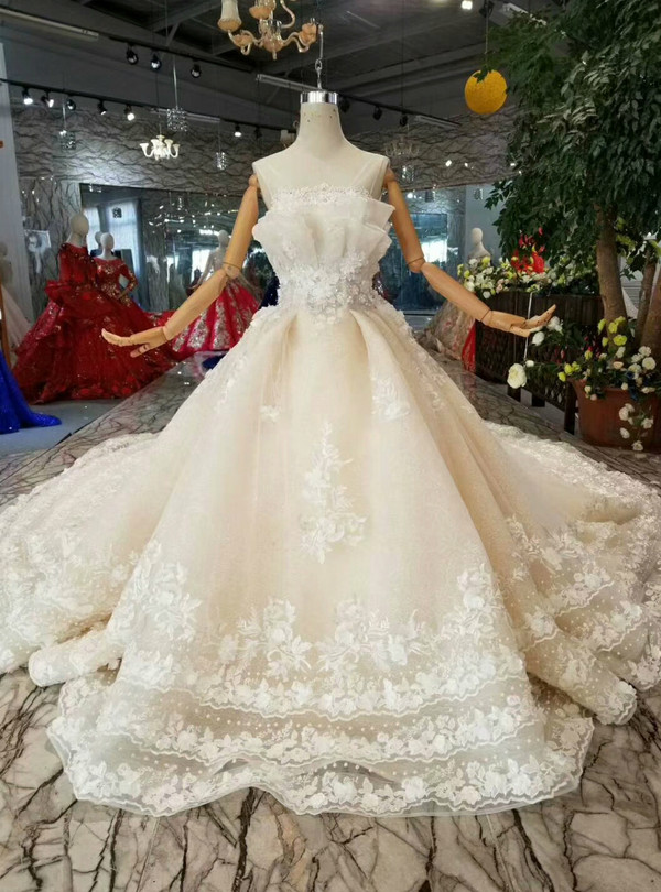 Shop 2019 Long & Short Champagne Ball Gown Tulle Appliques Backless Wedding Dress With Train With Factory Price From Kemedress