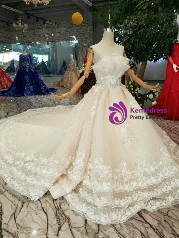 Shop 2019 Long & Short Champagne Ball Gown Tulle Appliques Backless Wedding Dress With Train With Factory Price From Kemedress