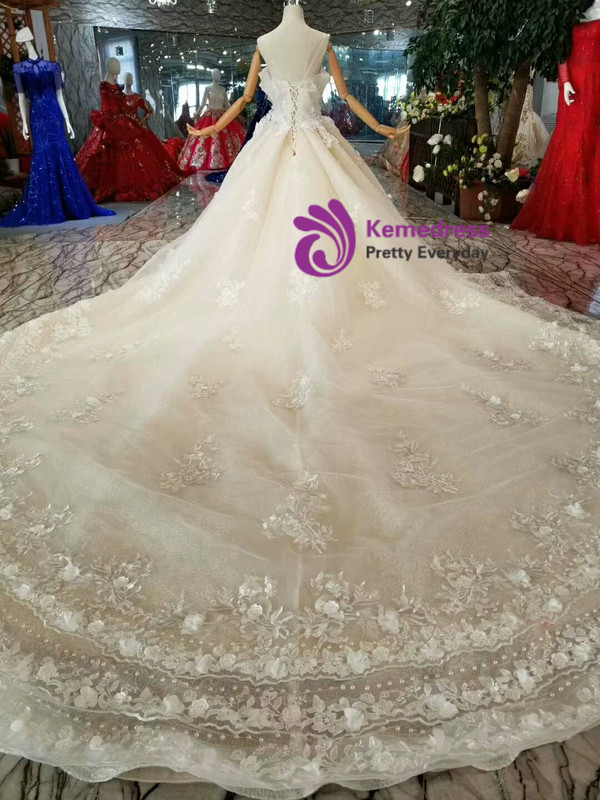 Shop 2019 Long & Short Champagne Ball Gown Tulle Appliques Backless Wedding Dress With Train With Factory Price From Kemedress