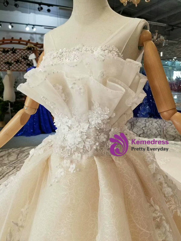 Shop 2019 Long & Short Champagne Ball Gown Tulle Appliques Backless Wedding Dress With Train With Factory Price From Kemedress