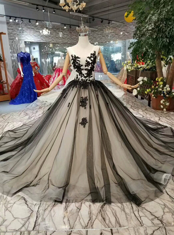 Shop 2019 Long & Short Black Ball Gown Tulle Bateau Backless Appliques Wedding Dress With Train With Factory Price From Kemedress