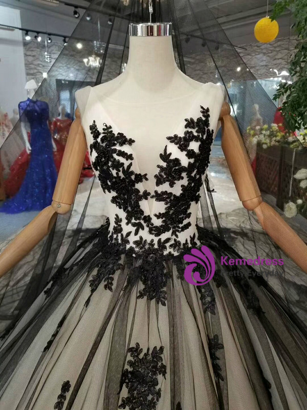 Shop 2019 Long & Short Black Ball Gown Tulle Bateau Backless Appliques Wedding Dress With Train With Factory Price From Kemedress