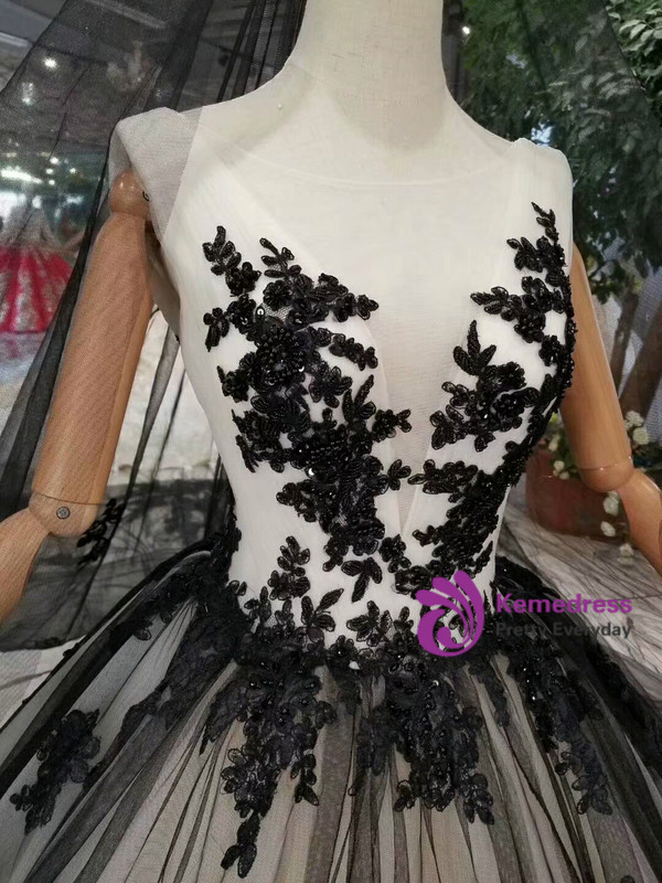 Shop 2019 Long & Short Black Ball Gown Tulle Bateau Backless Appliques Wedding Dress With Train With Factory Price From Kemedress