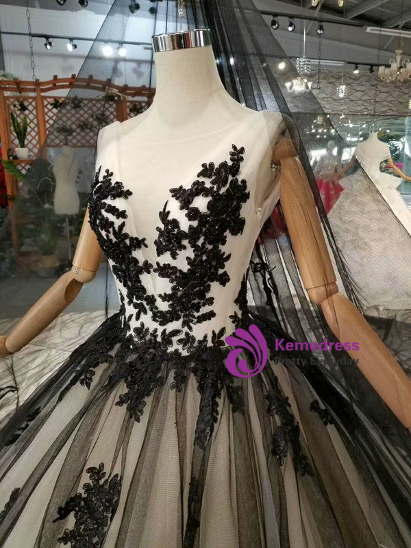 Shop 2019 Long & Short Black Ball Gown Tulle Bateau Backless Appliques Wedding Dress With Train With Factory Price From Kemedress