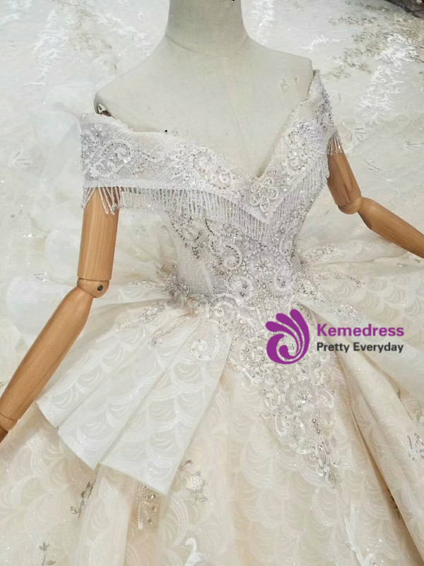 Shop 2019 Long & Short Champagne Ball Gown Lace Appliques Off The Shoulder Wedding Dress With Train With Factory Price From Kemedress