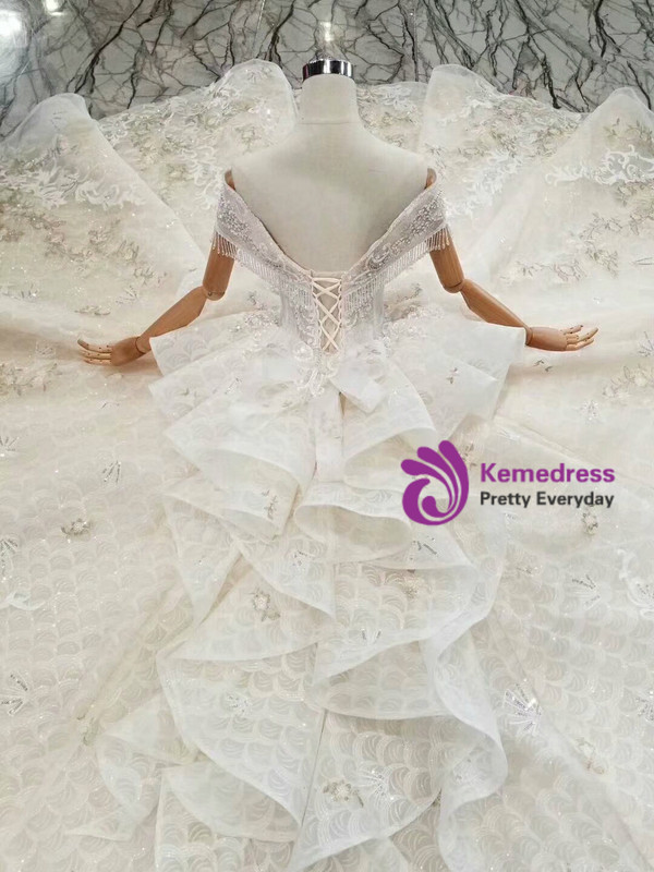 Shop 2019 Long & Short Champagne Ball Gown Lace Appliques Off The Shoulder Wedding Dress With Train With Factory Price From Kemedress