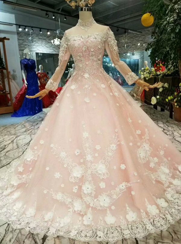 Shop 2019 Long & Short Pink Ball Gown Tulle White Appliques High Neck Long Sleeve Wedding Dress With Factory Price From Kemedress