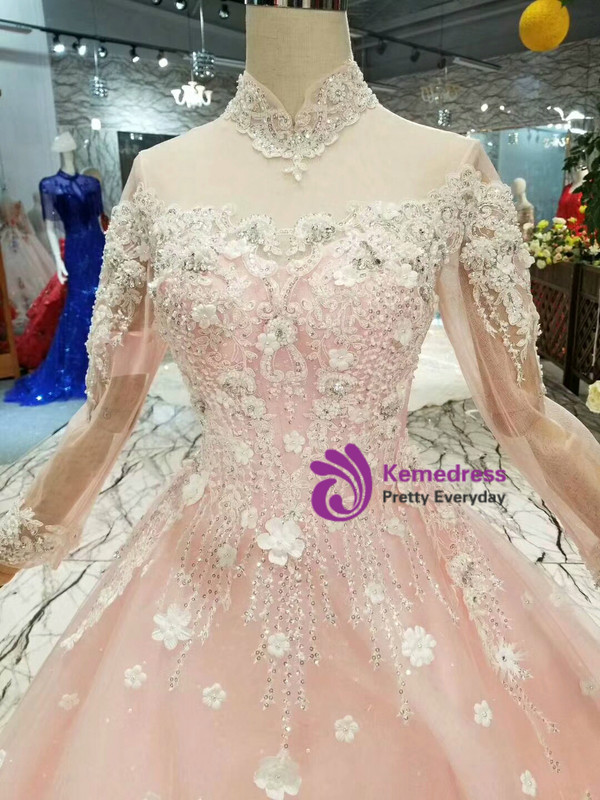 Shop 2019 Long & Short Pink Ball Gown Tulle White Appliques High Neck Long Sleeve Wedding Dress With Factory Price From Kemedress