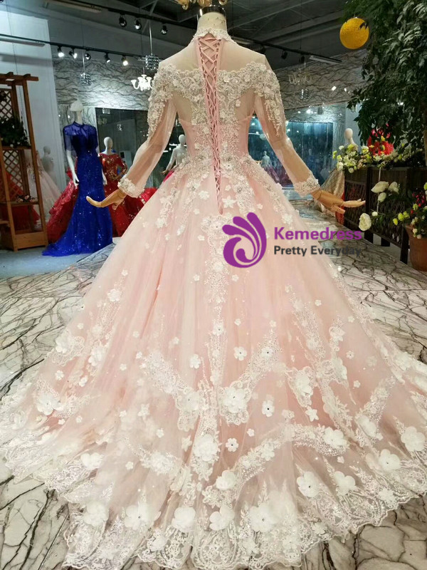 Shop 2019 Long & Short Pink Ball Gown Tulle White Appliques High Neck Long Sleeve Wedding Dress With Factory Price From Kemedress