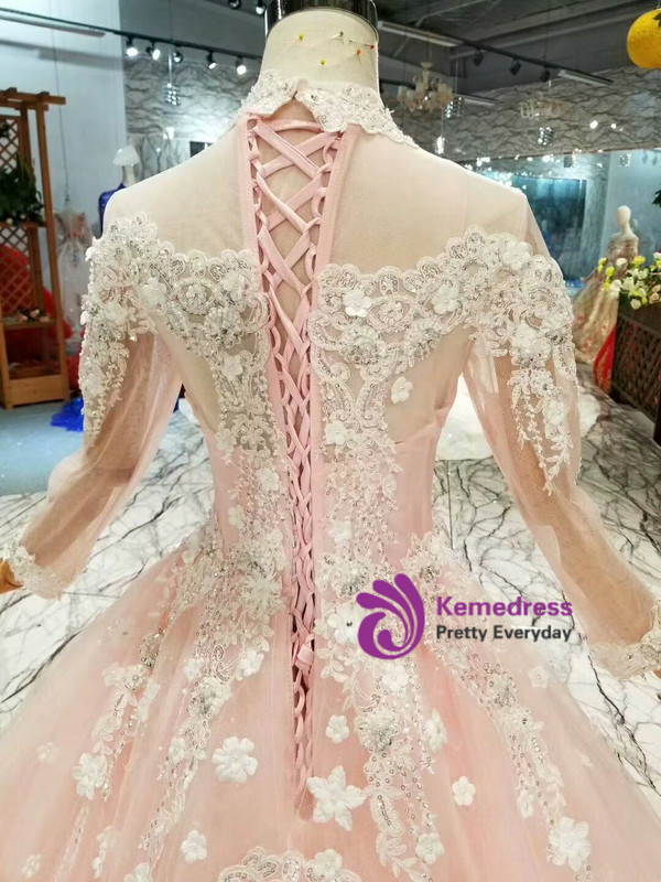 Shop 2019 Long & Short Pink Ball Gown Tulle White Appliques High Neck Long Sleeve Wedding Dress With Factory Price From Kemedress