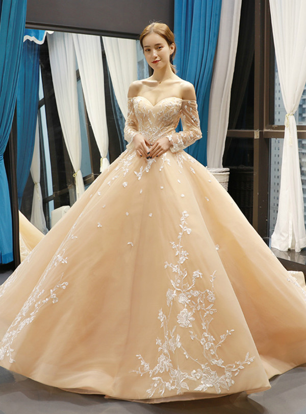 Shop 2019 Long & Short Champagne Ball Gown Tulle Lace Appliques Off The Shoulder Long Sleeve Prom Dress With Factory Price From Kemedress
