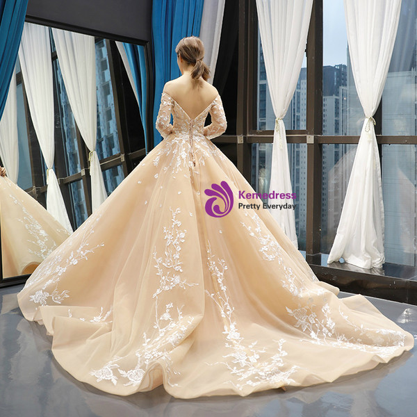 Shop 2019 Long & Short Champagne Ball Gown Tulle Lace Appliques Off The Shoulder Long Sleeve Prom Dress With Factory Price From Kemedress